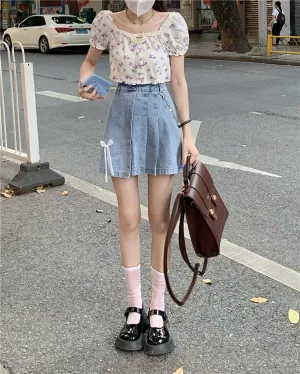 White Ribbon High Waist Pleated Denim Mini Skirt
